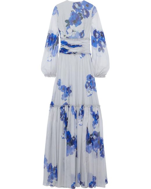 Costarellos Blue Floral-print Chiffon Gown