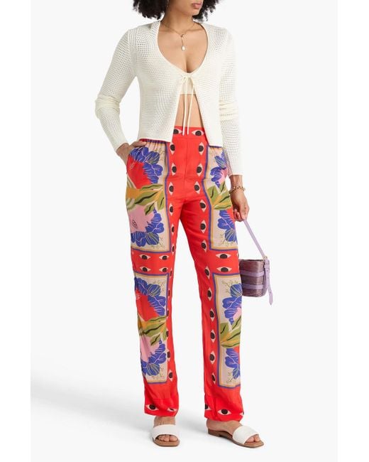 Farm Rio Red Printed Satin-twill Tape Pants