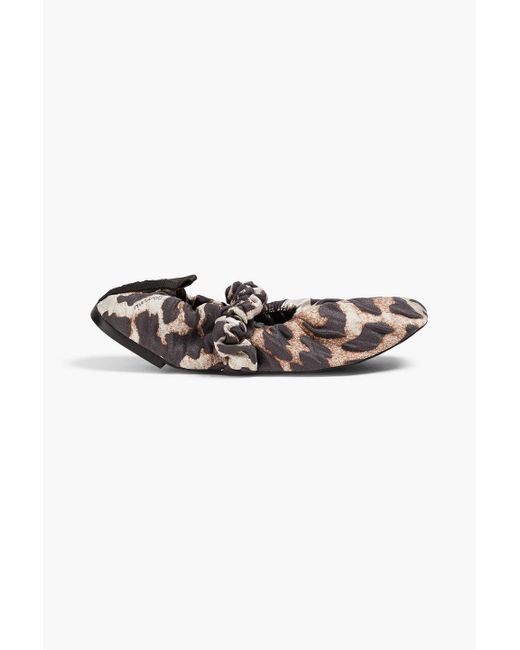 Ganni Black Ruched Leopard-print Twill Ballet Flats