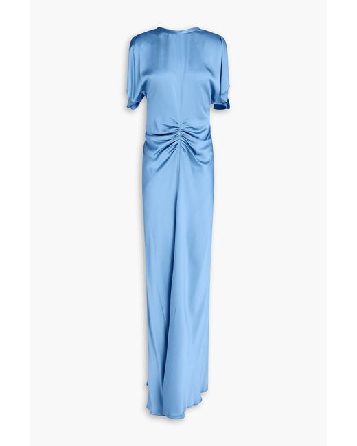 Victoria Beckham Blue Ruched Satin-Crepe Maxi Dress