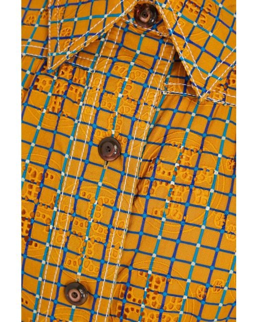 Tory Burch Yellow Kariertes hemdkleid aus baumwolle mit lochstickerei in midilänge