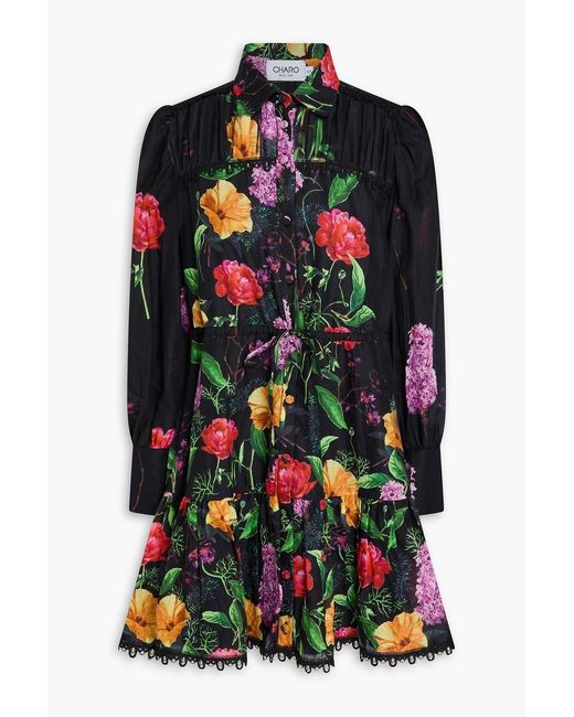 Charo Ruiz Black Crochet-Trimmed Floral-Print Cotton-Blend Mini Shirt Dress