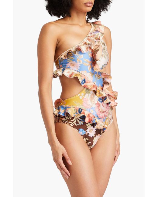 Zimmermann One-shoulder Ruffled Cutout Floral-print Swimsuit