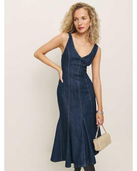 reformation serafina mermaid skirt sleeveless denim dress Reformation Serafina Denim Midi Dress 0 in Blue