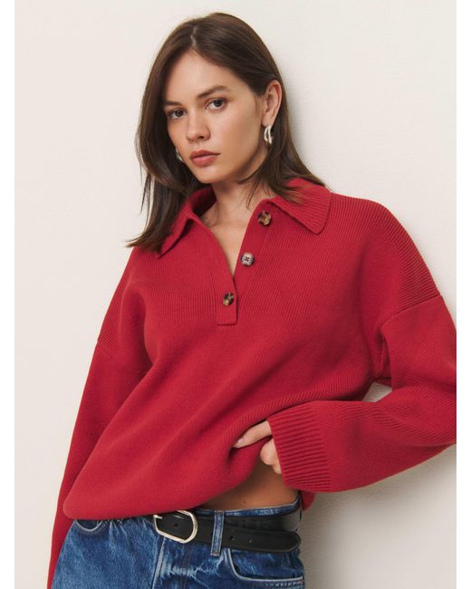 Reformation Red Brooklyn Cotton Polo Sweater