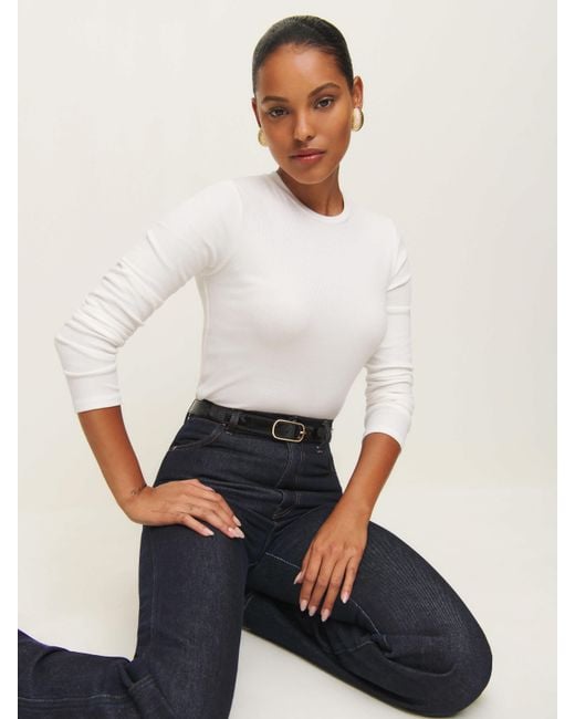 Reformation White Davy Long Sleeve Crewneck T-Shirt