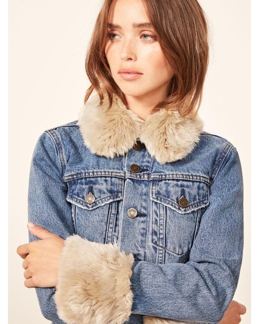 Reformation Blue Aussie Faux Fur Trim Denim Jacket