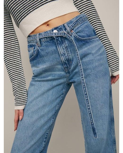 Reformation Blue Val Belted Mid Rise Straight Jeans