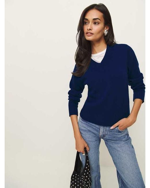 Reformation Blue Dulce Cashmere V-Neck Sweater