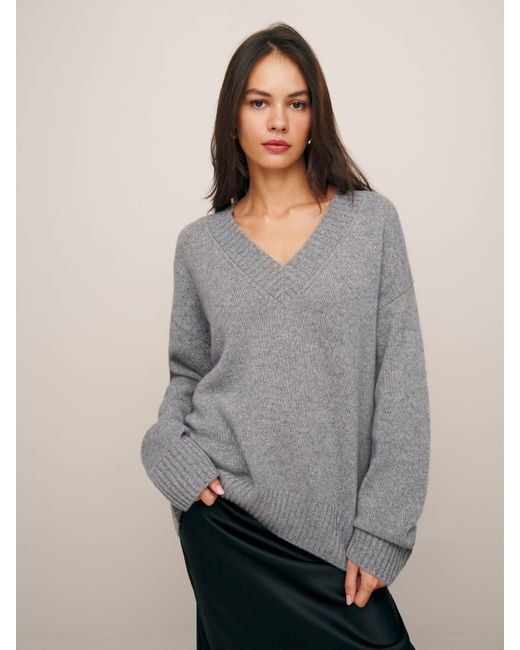 Reformation Gray Jadey Cashmere Oversized V-Neck Sweater