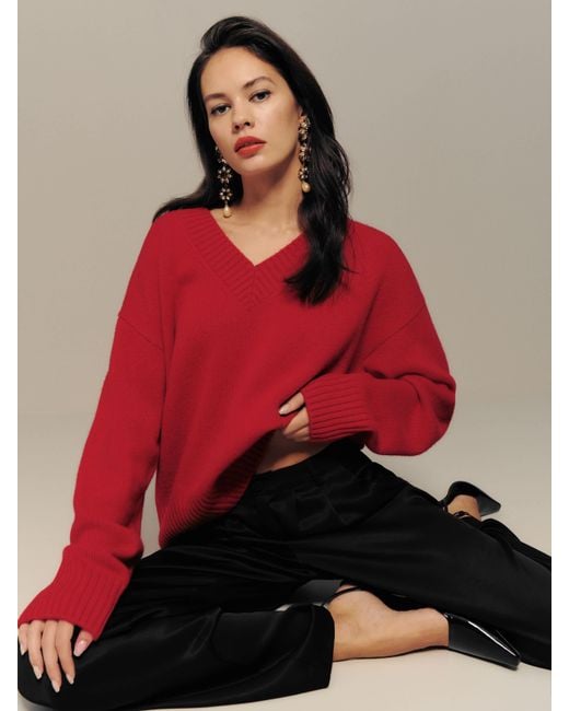 Reformation Red Jadey Cashmere Oversized V-Neck Sweater