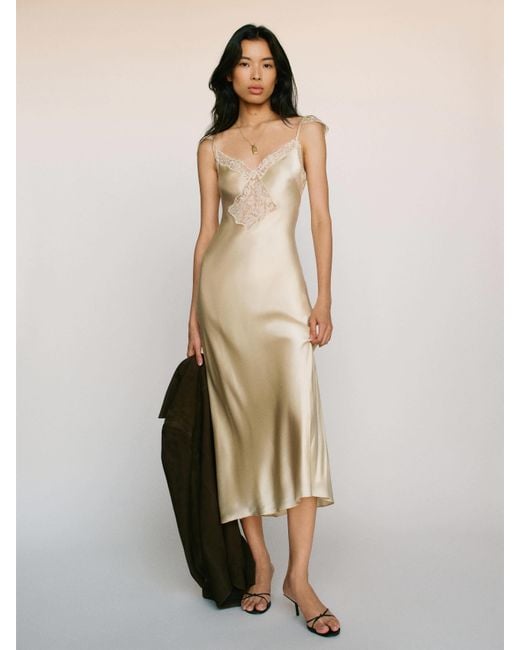 reformation slip dress Sofia Gold Silk Sleeveless Midi The Closet New York ankle length slip dress thats slim fitting throughout. Reformation Daniela Silk Dress Es