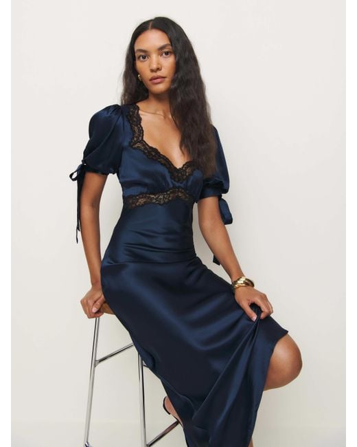 Reformation Blue Short Puff Sleeve Lace Maxi Dress