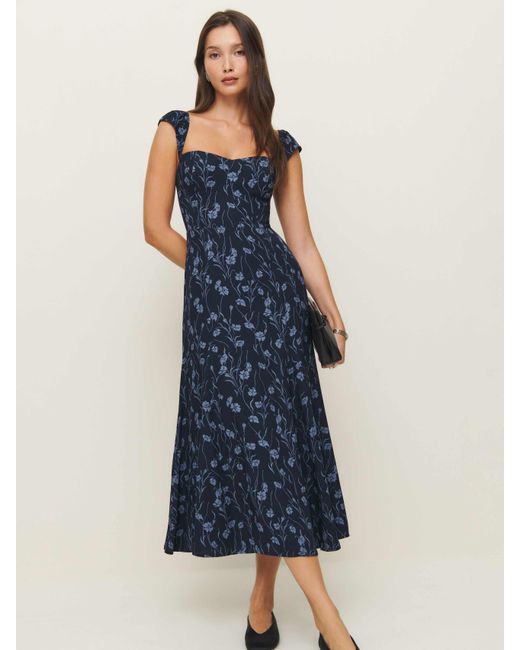 Reformation Blue Sweetheart Neckline Midi A-Line Dress