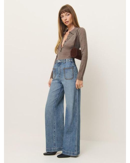 Reformation Blue Cary Stretch High Rise Slouchy Wide Leg Jeans