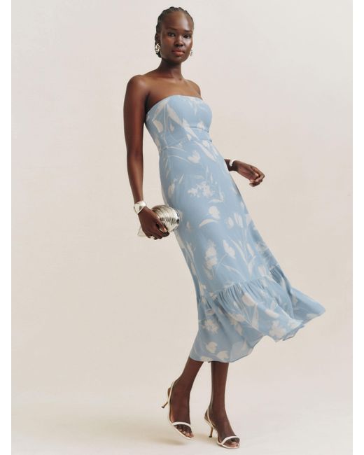 knee length dresses for ladies Reformation Floral Print Midi Dress In Blue Viscose