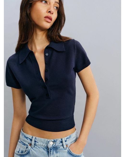 Reformation Blue Bentley Cotton Polo Sweater