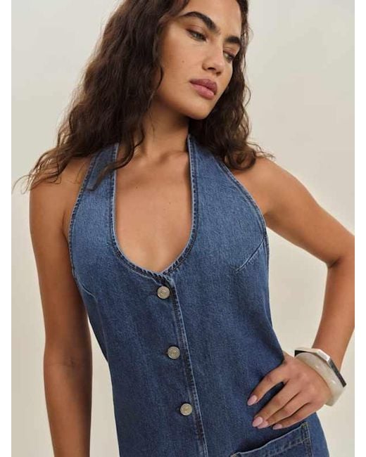 Reformation Brittany Denim Halter Mini Dress in Blue | Lyst