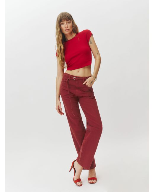 Reformation Red Val Belted Mid Rise Straight Jeans