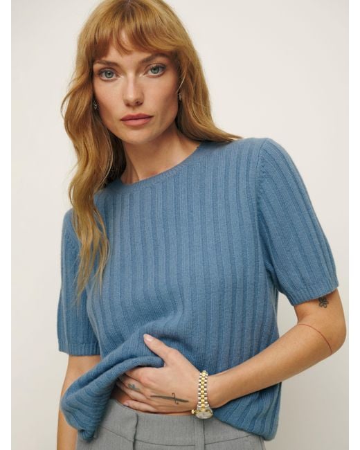 Reformation Blue Tess Cashmere Short Sleeve Sweater