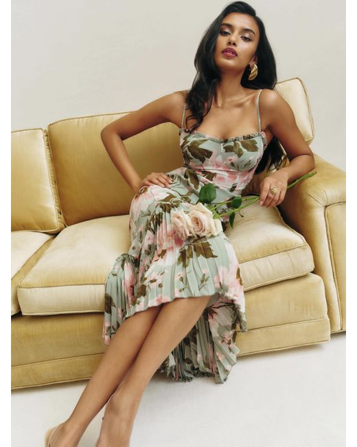 knee length dresses for ladies Rent The Breslin Metallic Green Midi Dress By Reformation