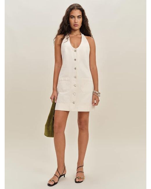 reformation brittany halter denim mini dress in Natural a flattering panelling detail RESORTWEAR Material:Silk Radzimir Halter top Mannequin Tree Unique Christmas