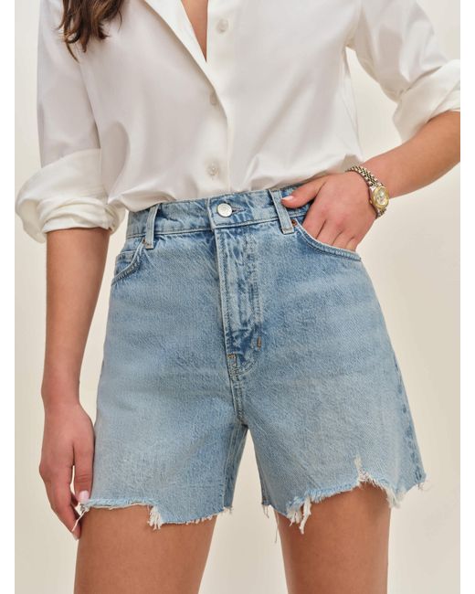Reformation Blue Saige High Rise 4" Jean Shorts