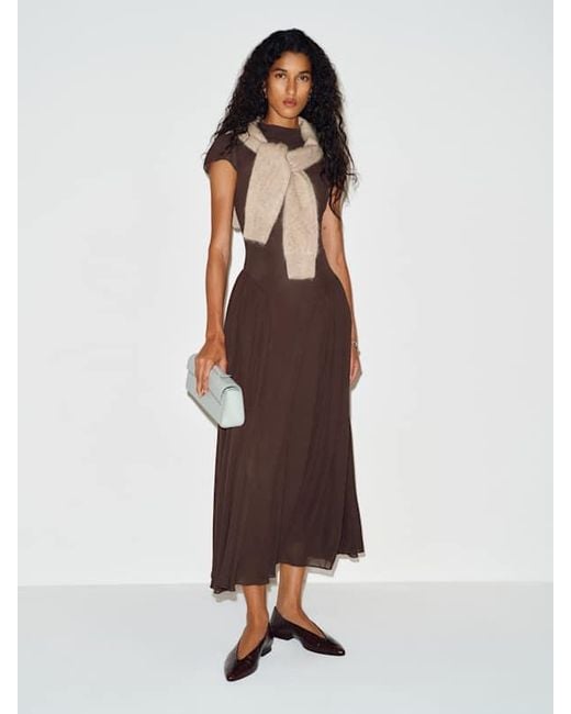 reformation maven dress brown Mock-Neck Chiffon Midi in SIZE:S（4-6） caribbean Pepper Layered Gown Romance for one.
