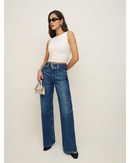 Reformation Blue Cary Belted Cargo High Rise Slouchy Wide Leg Jeans