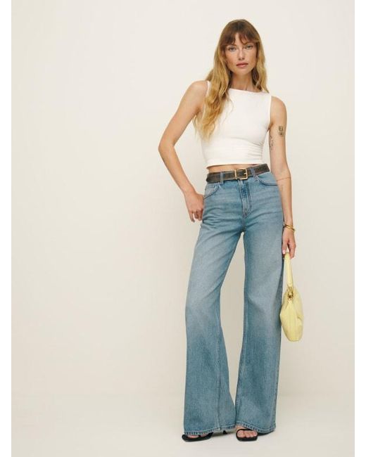 Reformation Blue Cary Stretch High Rise Slouchy Wide Leg Jeans