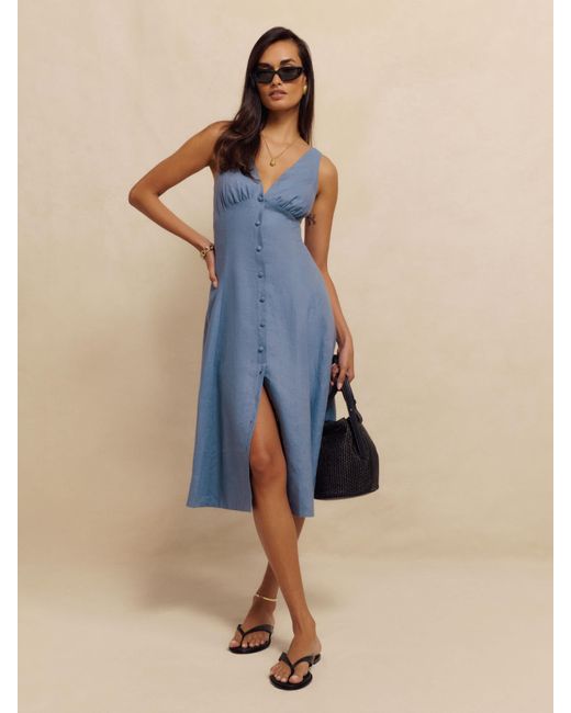 Reformation Blue Sebastien Linen Dress