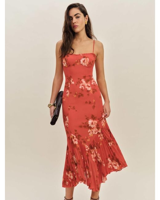 Reformation Red Aiko Floral Pleated Hem Bustier Slipdress