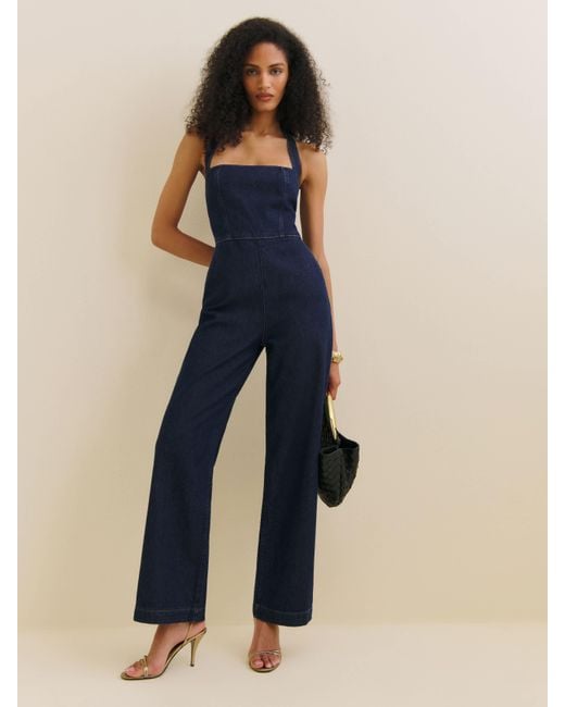 Reformation Blue Danna Halter Denim Jumpsuit