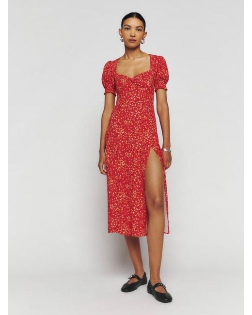 red midi dress with buttons Milena Red Jersey Button Through Midi Dress – Finery London