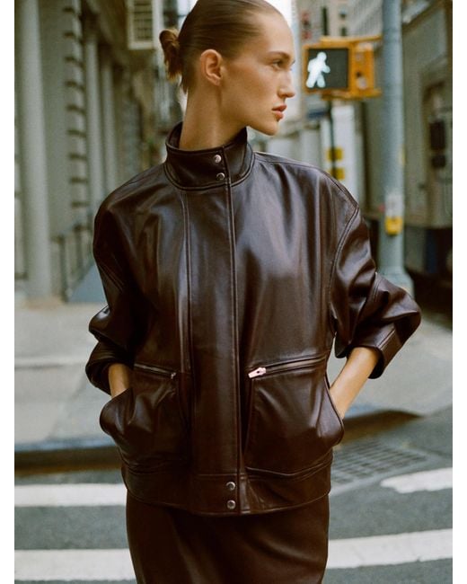 Reformation Brown Veda Harrison Leather Oversized Bomber
