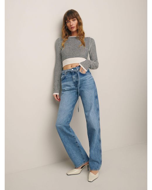 Reformation Blue Val Belted Mid Rise Straight Jeans