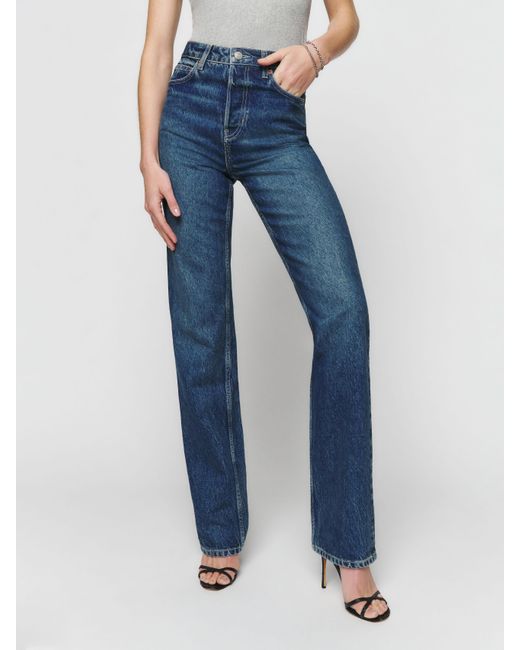 Reformation Blue Cynthia High Rise Straight Long Jeans