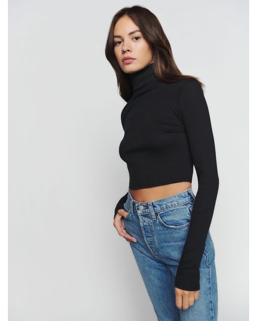 Reformation Blue Davy Cropped Ribbed Turtleneck Tee