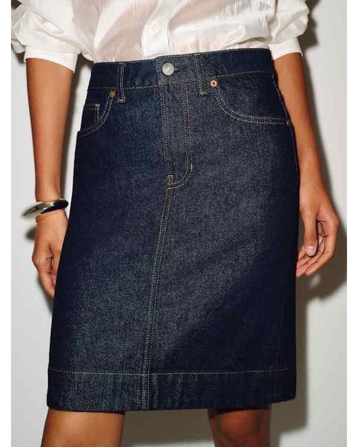 Reformation Blue James Mid Rise Knee Length Skirt Denim