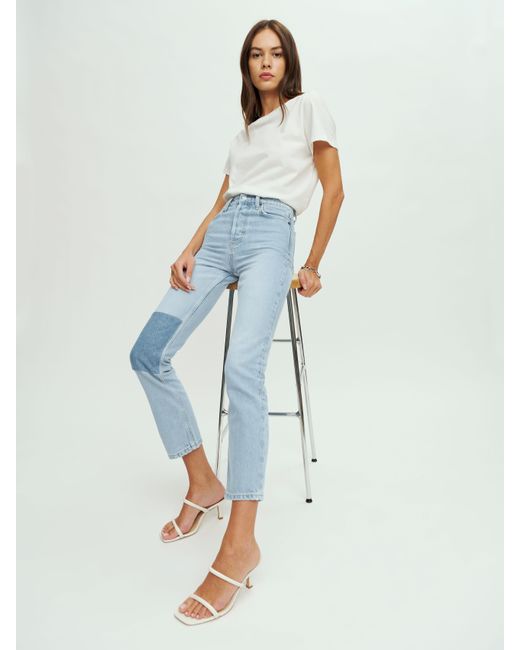 Reformation Blue Cynthia Patch High Rise Straight Jeans