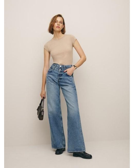 Reformation Blue Cary Double Waistband High Rise Slouchy Wide Leg Jeans