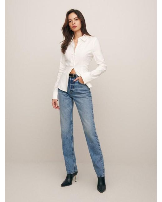 Reformation Blue Rowe Mid Rise Relaxed Straight Jeans