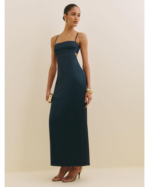 reformation blue bridesmaid dress Royal Blue Satin Tea Length A-Line Prom Dress with Pockets main image 0