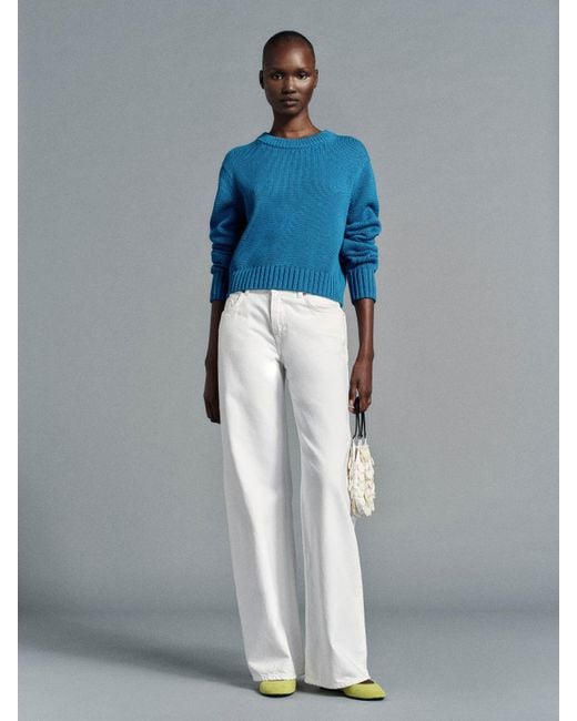 Reformation Blue Eleni Cotton Crew Sweater