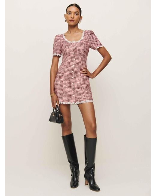 Reformation Pink Embroidered Puff-Sleeve Mini Dress