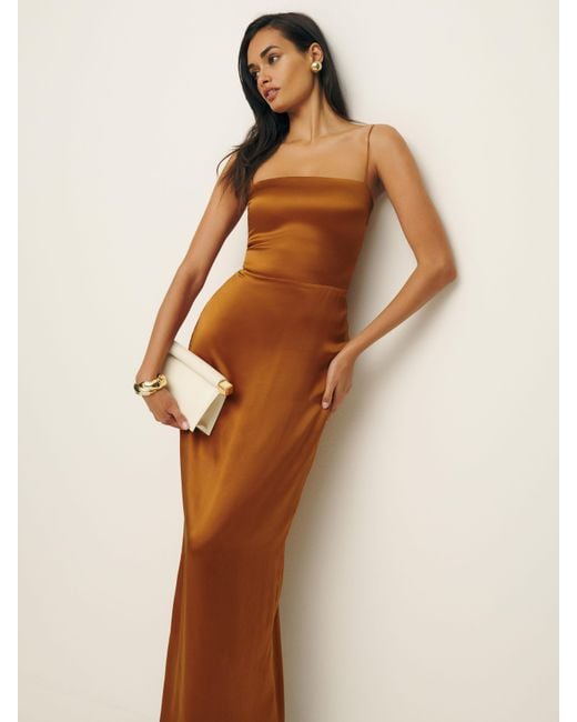 Reformation Petites Frankie Silk Dress in Brown | Lyst