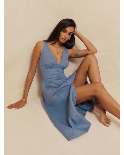 Reformation Blue Sebastien Linen Dress
