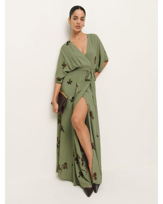 green emerald velvet dress Reformation Winslow Draped Wrap Dress In Red Viscose