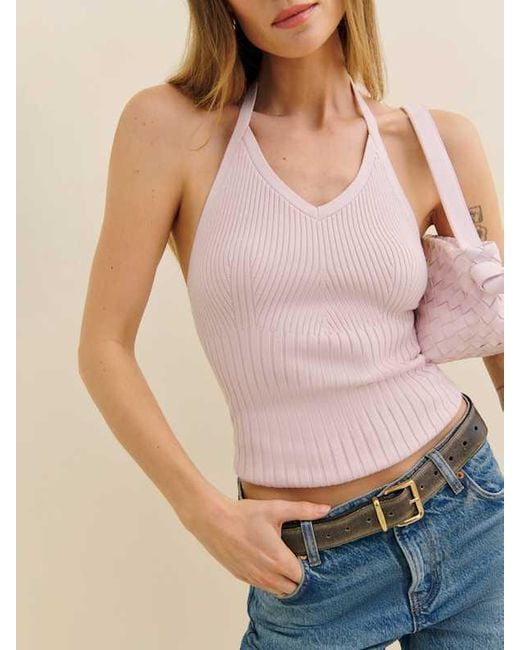 Reformation Blue Delia Ribbed Halter Top