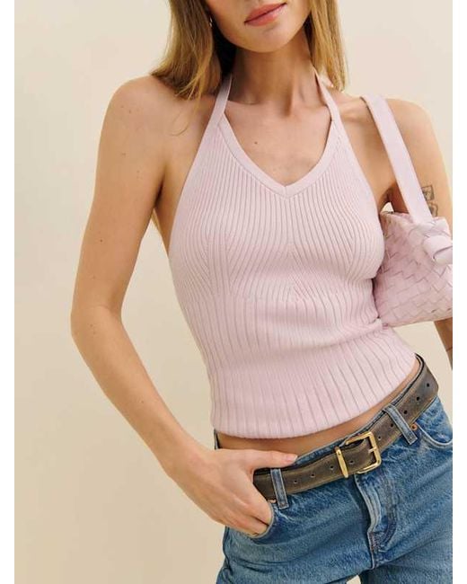 Reformation Blue Delia Ribbed Halter Top